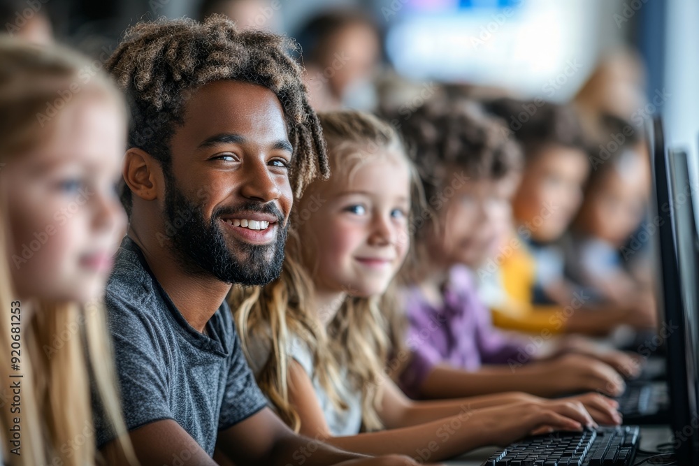 Obraz premium Multiracial group of elementary students having computer class with their teacher in classroom, Generative AI