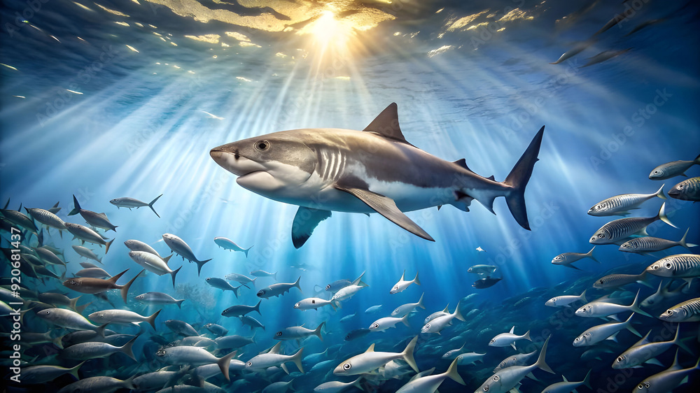 Obraz premium a hungry great white shark patrolling the clear