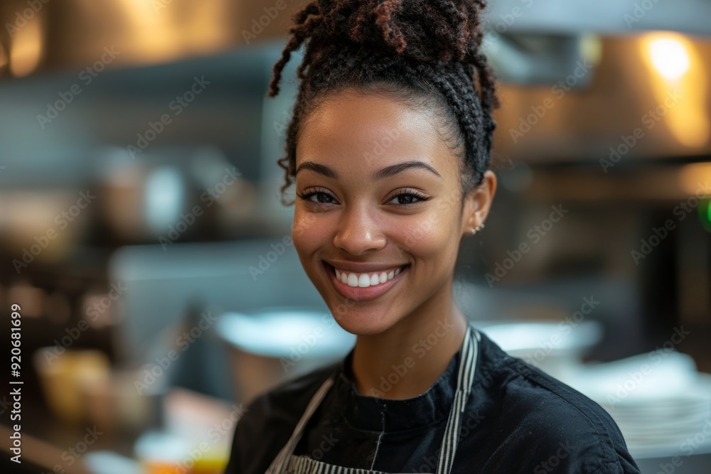 Happy black female cook working in restaurant and looking at camera, Generative AI Happy black female cook working in restaurant and looking at camera, Generative AI