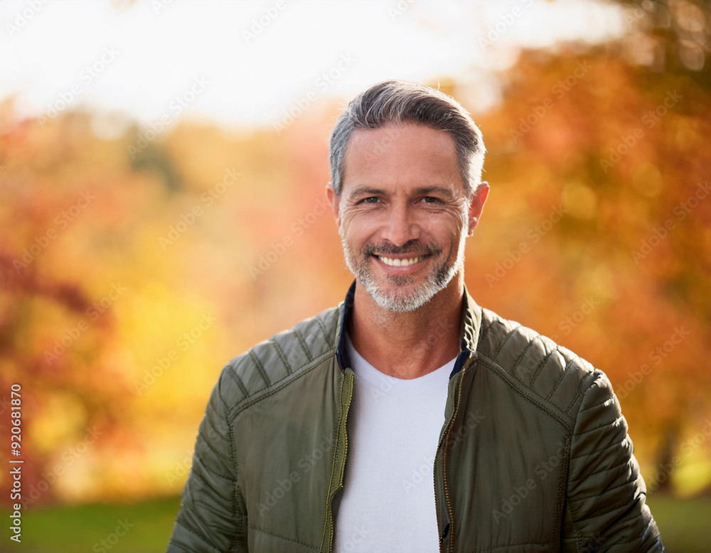 Happy Man Smiling in an Outdoor Autumn Setting Headshot Portrait Happy Man Smiling in an Outdoor Autumn Setting Headshot Portrait