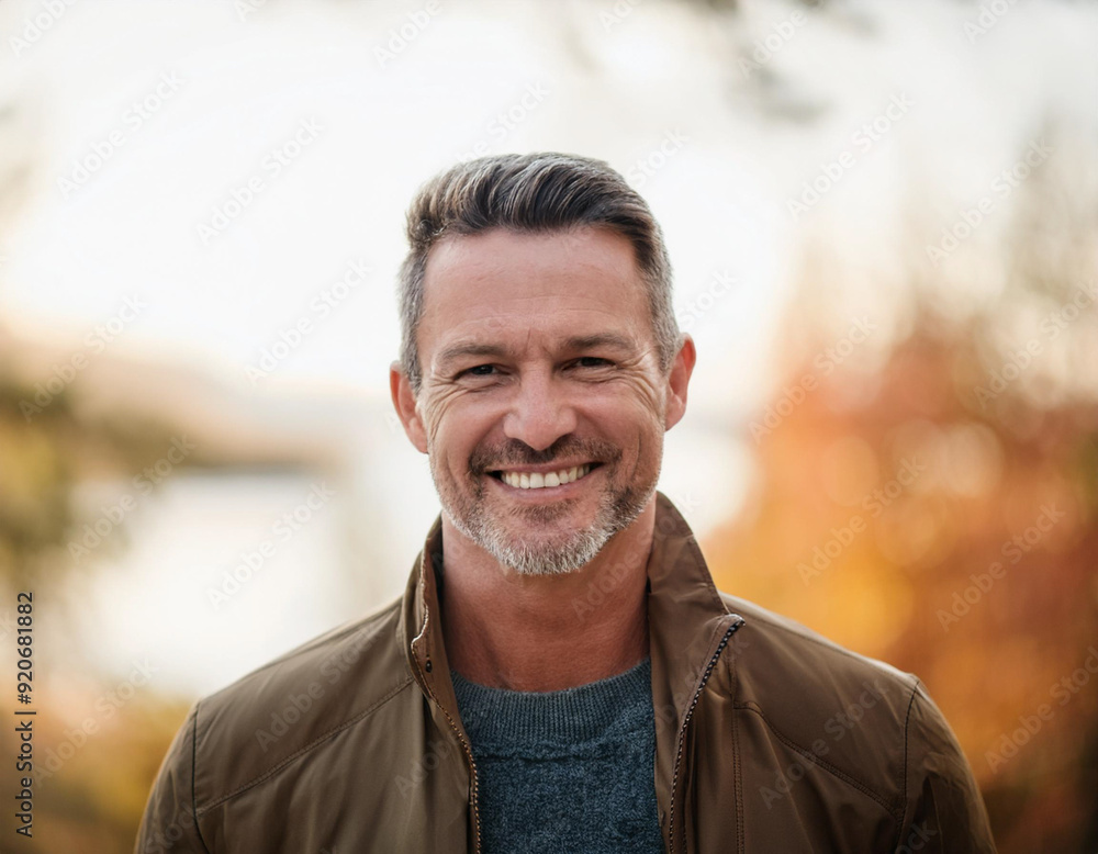 Happy Man Smiling in an Outdoor Autumn Setting Headshot Portrait Happy Man Smiling in an Outdoor Autumn Setting Headshot Portrait