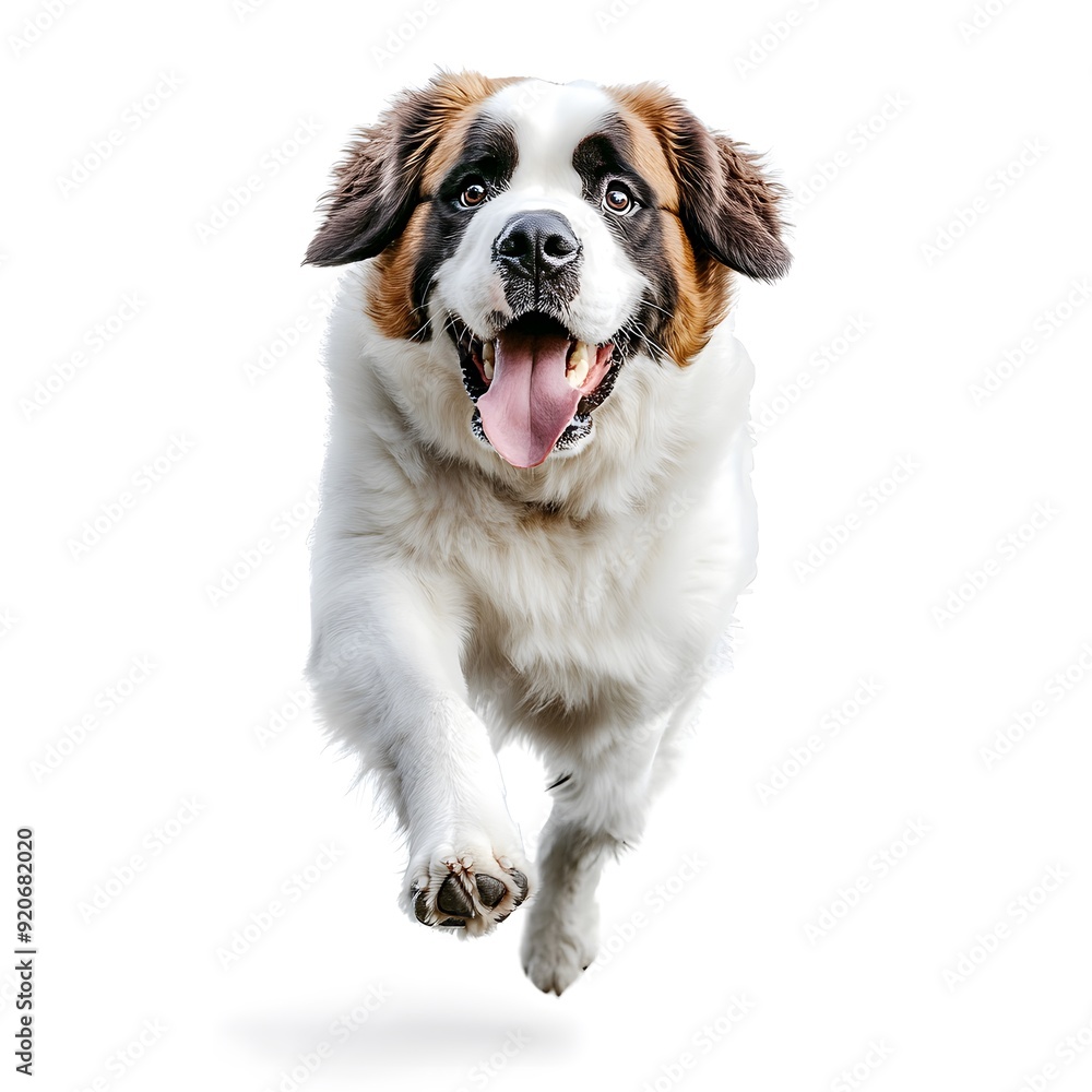 A happy Saint Bernard dog is running on a white background. A happy Saint Bernard dog is running on a white background.