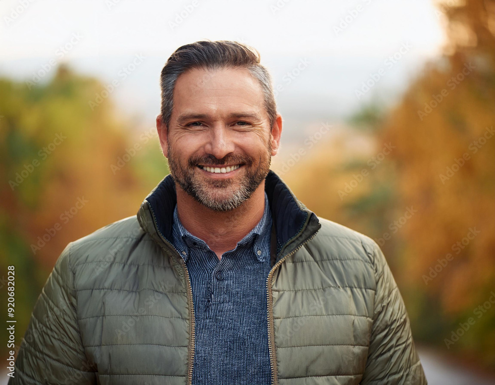 Happy Man Smiling in an Outdoor Autumn Setting Headshot Portrait Happy Man Smiling in an Outdoor Autumn Setting Headshot Portrait