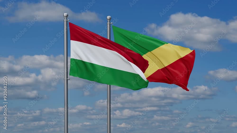 Republic of the Congo and Hungary flags flying together, video concept of the relationship, two country relations concept Republic of the Congo and Hungary flags flying together, video concept of the relationship, two country relations concept