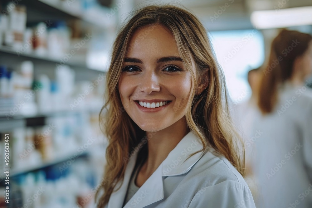 Portrait of happy female student at college classroom looking at camera, Generative AI Portrait of happy female student at college classroom looking at camera, Generative AI