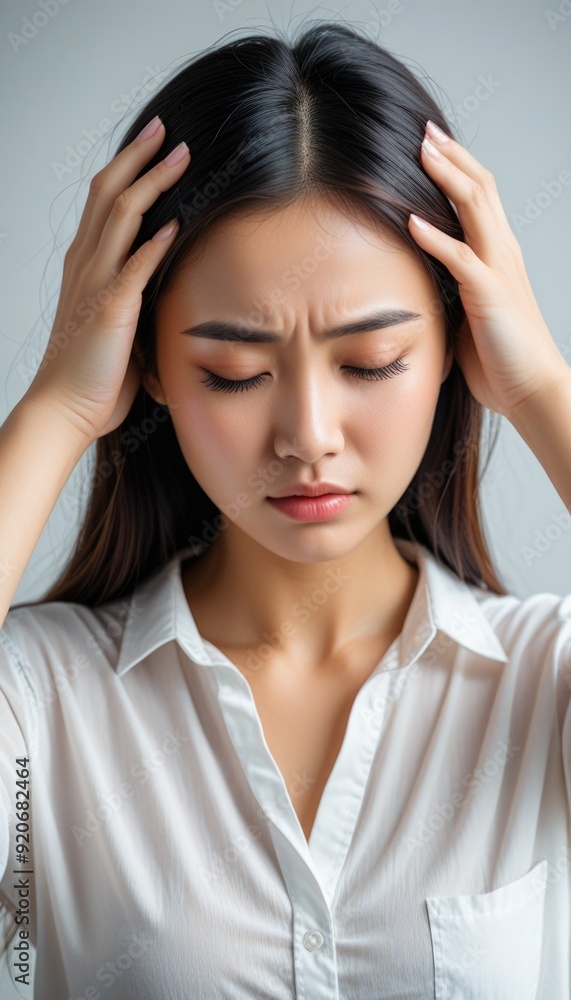 Beautiful young Asian woman with closed eyes, touching her forehead and suffering from a headache or migraine, looking sad and unhappy Beautiful young Asian woman with closed eyes, touching her forehead and suffering from a headache or migraine, looking sad and unhappy