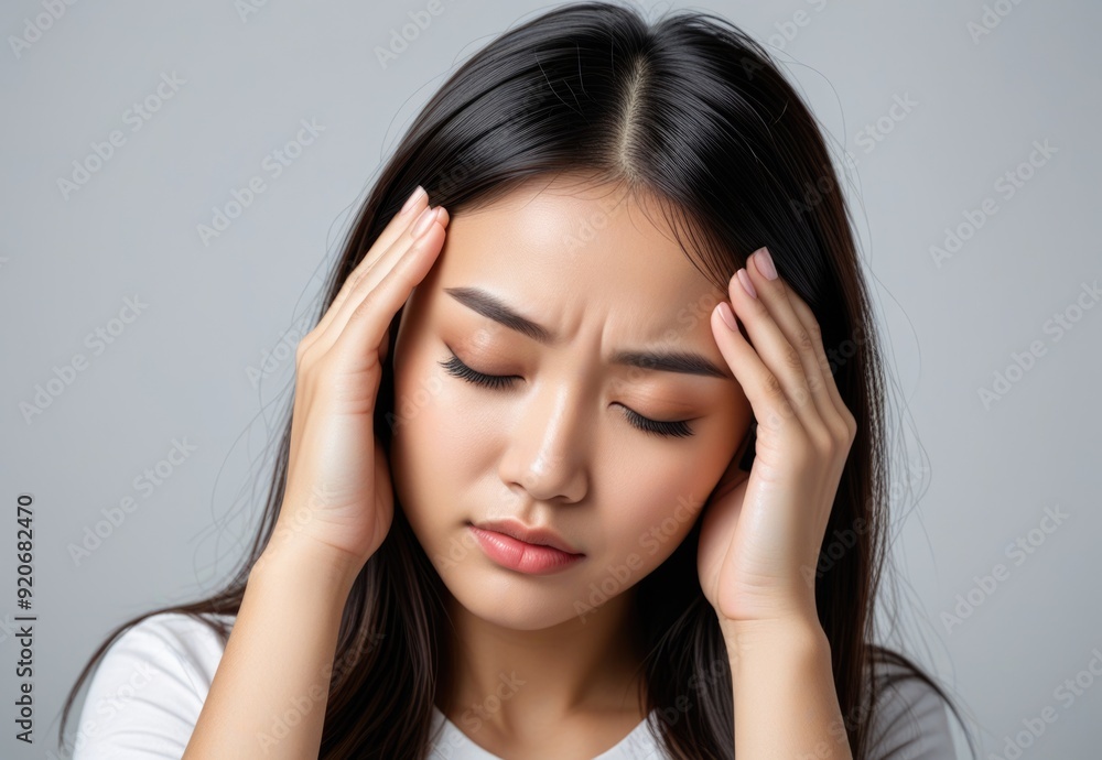 Beautiful young Asian woman with closed eyes, touching her forehead and suffering from a headache or migraine, looking sad and unhappy Beautiful young Asian woman with closed eyes, touching her forehead and suffering from a headache or migraine, looking sad and unhappy