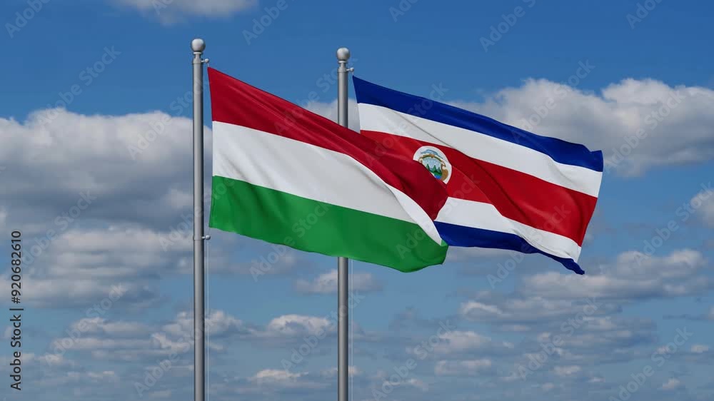 Costa Rico and Hungary flags flying together, video concept of the relationship, two country cooperation concept Costa Rico and Hungary flags flying together, video concept of the relationship, two country cooperation concept
