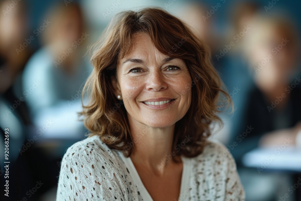 Happy mature woman attending adult education training course and looking at camera, Generative AI Happy mature woman attending adult education training course and looking at camera, Generative AI