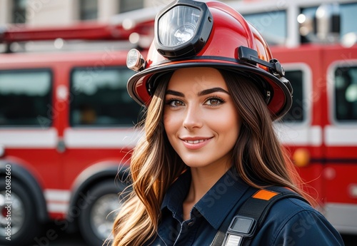 Beautiful young female firefighter in uniform and helmet, standing outdoors in front of a parked firetruck, smiling at the camera