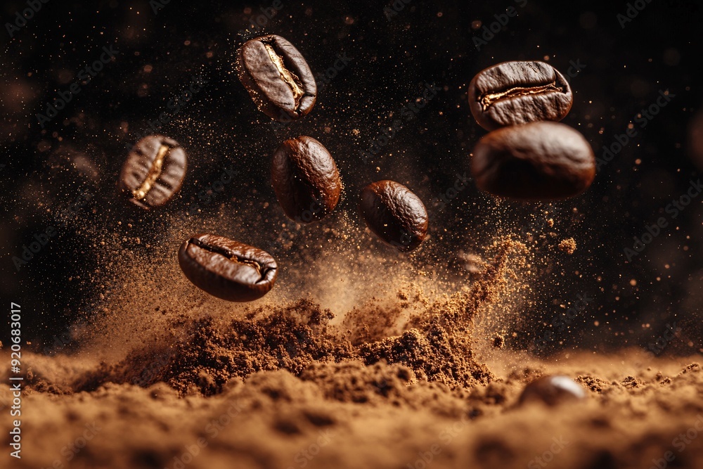 Fresh Roasted Coffee Beans Suspended in Air with Bursting Aroma Fresh Roasted Coffee Beans Suspended in Air with Bursting Aroma