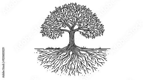 tree with visible roots line art vector