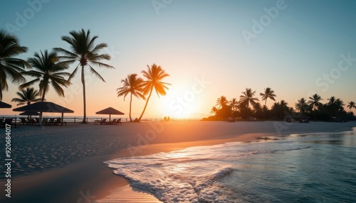 Tropical Beach Sunset with Palm Trees and Sunbeams.