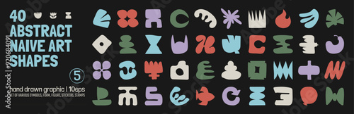 Collection of various hand drawn bizarre abstract geometric unusual shapes, forms in matisse art style, Childish freehand aesthetic, Vector naive doodle primitive object and graphic elements, set 5