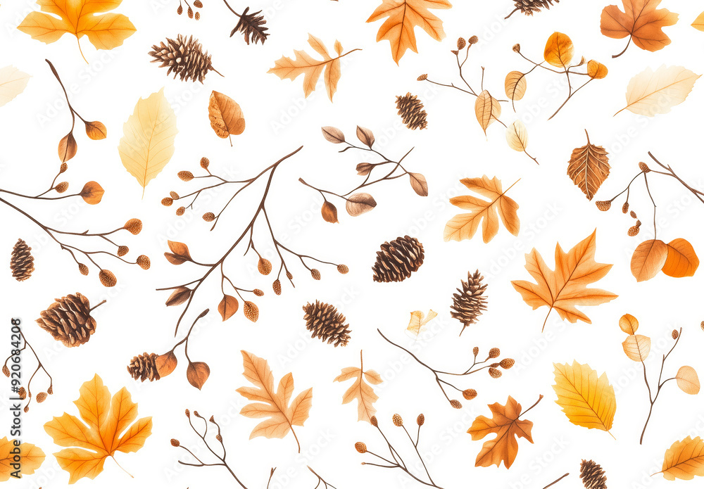 Fototapeta premium Soft orange watercolor leaves and pine cones dance in a seamless autumnal pattern.