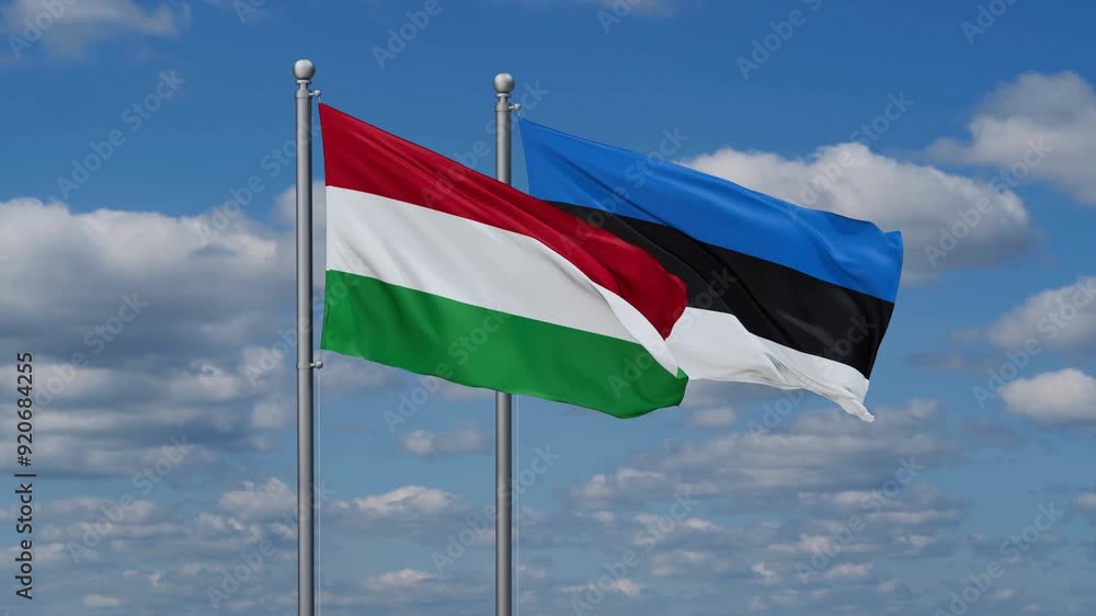 Estonia and Hungary flags flying together, video concept of the relationship, two country relations concept Estonia and Hungary flags flying together, video concept of the relationship, two country relations concept
