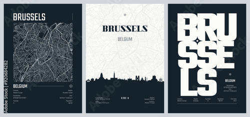 Set of travel posters with Brussels, detailed urban street plan city map, Silhouette city skyline, vector artwork, set 2