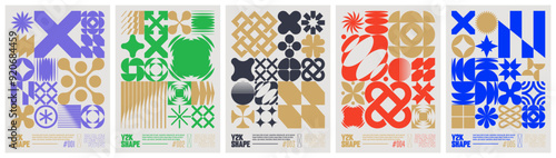Y2K shape abstract geometric composition in brutalism style, vector minimalistic Posters with silhouette basic figures, Retro futuristic graphic elements of geometrical postmodern figures