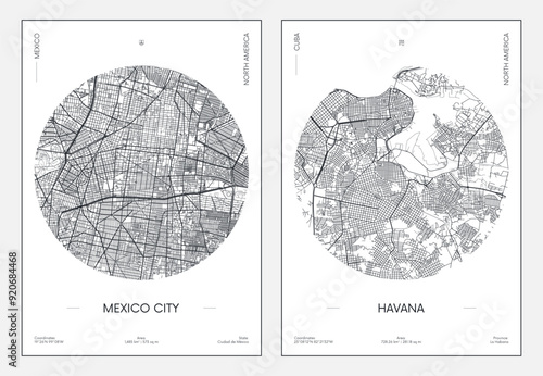 Travel poster, urban street plan city map Mexico city and Havana, vector illustration