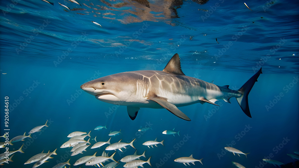 Fototapeta premium a hungry great white shark patrolling the clear
