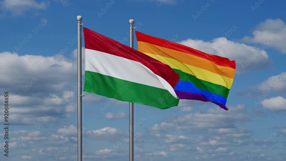 LGBT movement flag also Gay Pride and Hungary two flags waving cycle looped video, tolerance conception in country LGBT movement flag also Gay Pride and Hungary two flags waving cycle looped video, tolerance conception in country