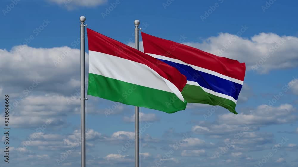 Gambia and Hungary flags flying together, video concept of the relationship, two country relations concept Gambia and Hungary flags flying together, video concept of the relationship, two country relations concept