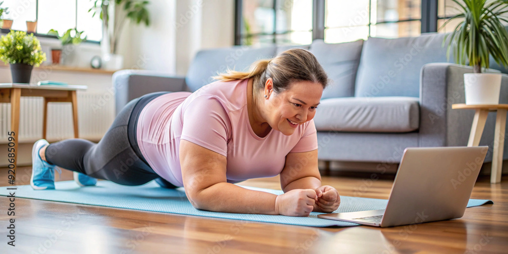 A smiling overweight woman participates in an online fitness class from home, exercising on a yoga mat in front of her laptop for a healthy lifestyle A smiling overweight woman participates in an online fitness class from home, exercising on a yoga mat in front of her laptop for a healthy lifestyle