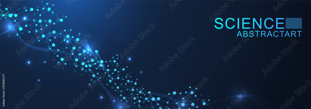 Obraz premium Modern abstract molecules structure for science or medical background. DNA helix or atom visualization. Molecular wave flow abstract background. Vector illustration