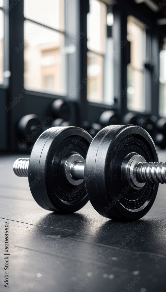Closeup of a black dumbbell on the floor in an empty modern gym, strength training equipment indoors Closeup of a black dumbbell on the floor in an empty modern gym, strength training equipment indoors