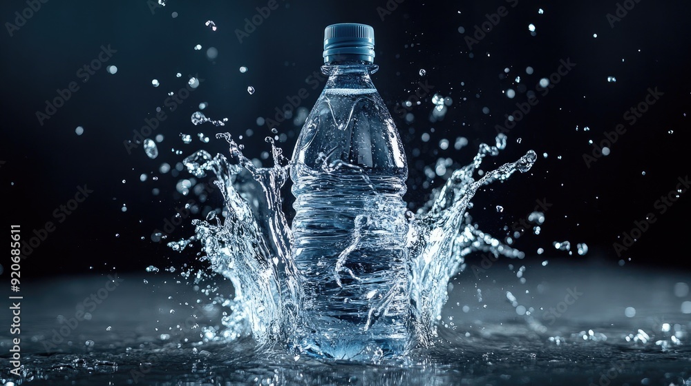 Plastic bottle of mineral water with a dramatic splash, capturing the essence of refreshment and clean, pure water. Plastic bottle of mineral water with a dramatic splash, capturing the essence of refreshment and clean, pure water.
