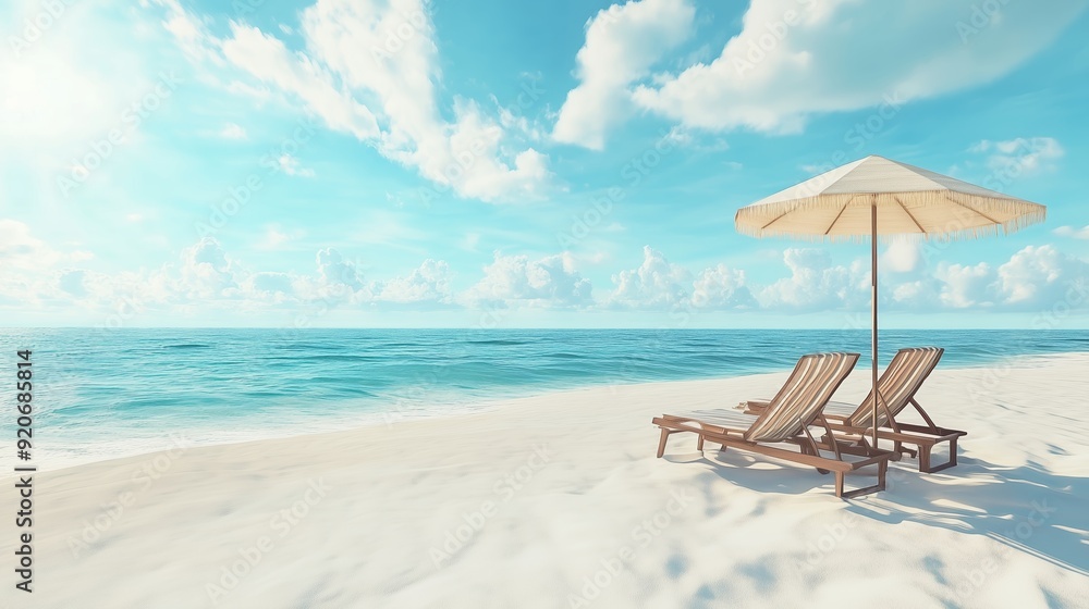 Two beach chairs under an umbrella on a tranquil shoreline during a bright, sunny day Two beach chairs under an umbrella on a tranquil shoreline during a bright, sunny day