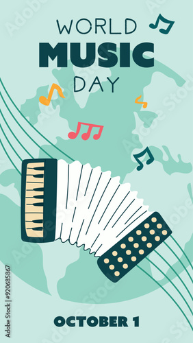 World Music Day poster, vector, text illustration. Flat illustration of accordion and sheet music for web design. Vertical banner of blue wind keyboard musical instrument on background of the earth