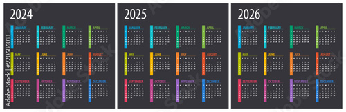 2024, 2025, 2026 Calendar - illustration. Template. Mock up
