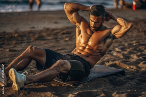 Hispanic man doing difficult isometric abdominal workout on the beach