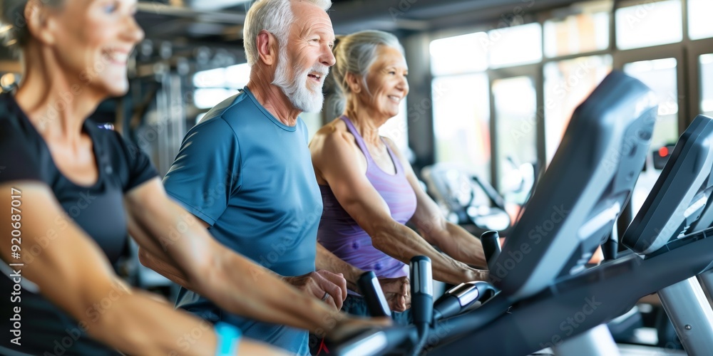 old aged happy senior couple doing sports in a gymnastics studio