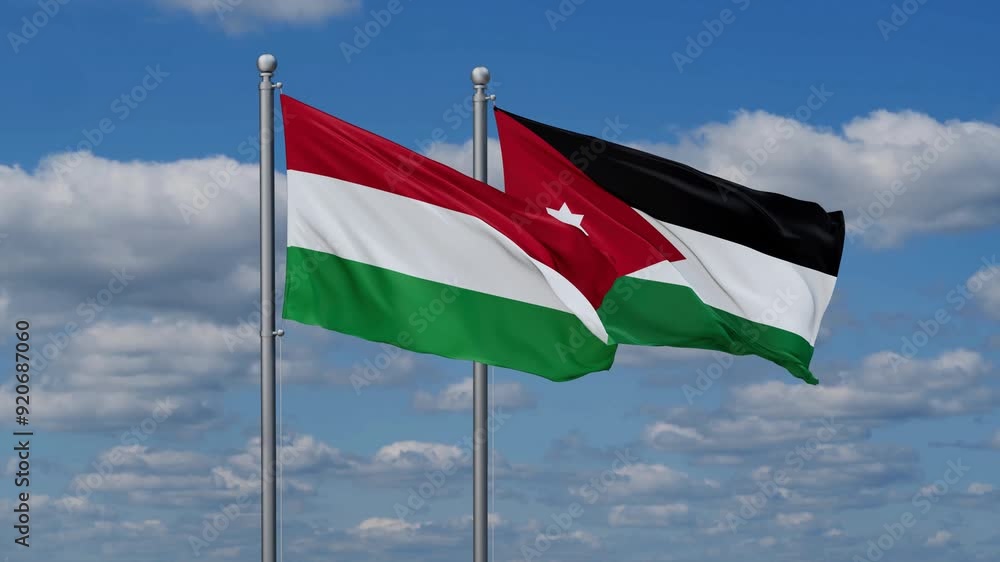 Jordan and Hungary flags flying together, video concept of the relationship, two country relations concept Jordan and Hungary flags flying together, video concept of the relationship, two country relations concept