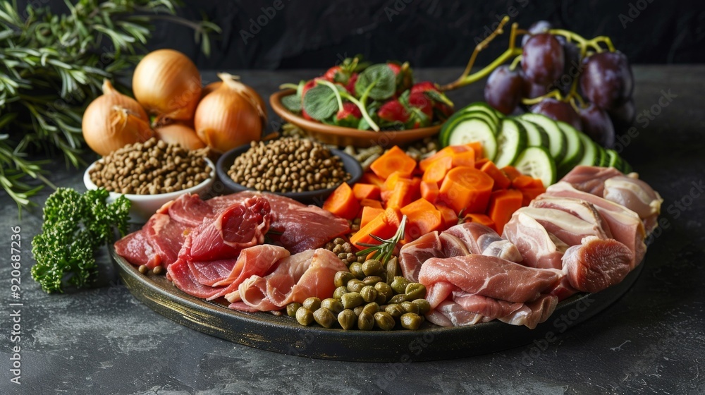 Gourmet Pet Food Platter Featuring Fresh Ingredients for Healthy Diet Preparation Gourmet Pet Food Platter Featuring Fresh Ingredients for Healthy Diet Preparation