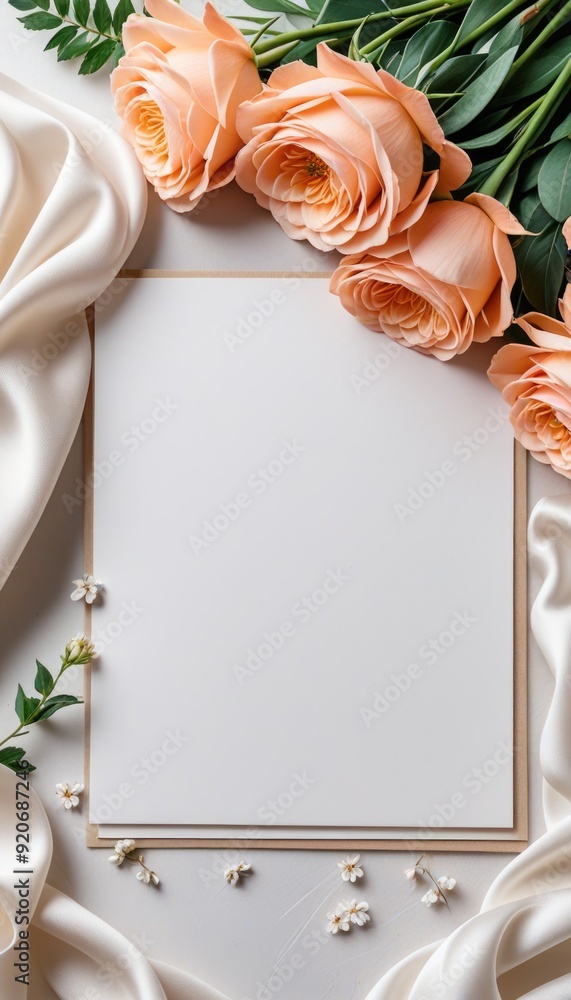 Flat-lay of flowers and a card on a light white silk background. Flat-lay of flowers and a card on a light white silk background.