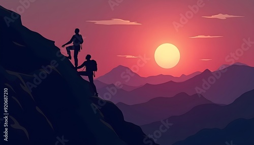 Sport Climbing Silhouettes Against a Purple Sunset