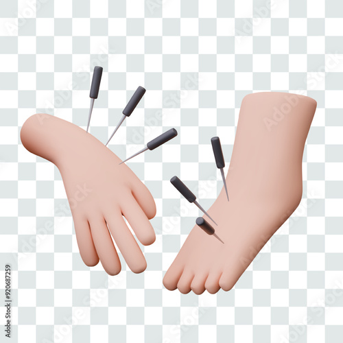 3D foot and arm with long special needles. Set of vector templates for ads, acupuncture concepts