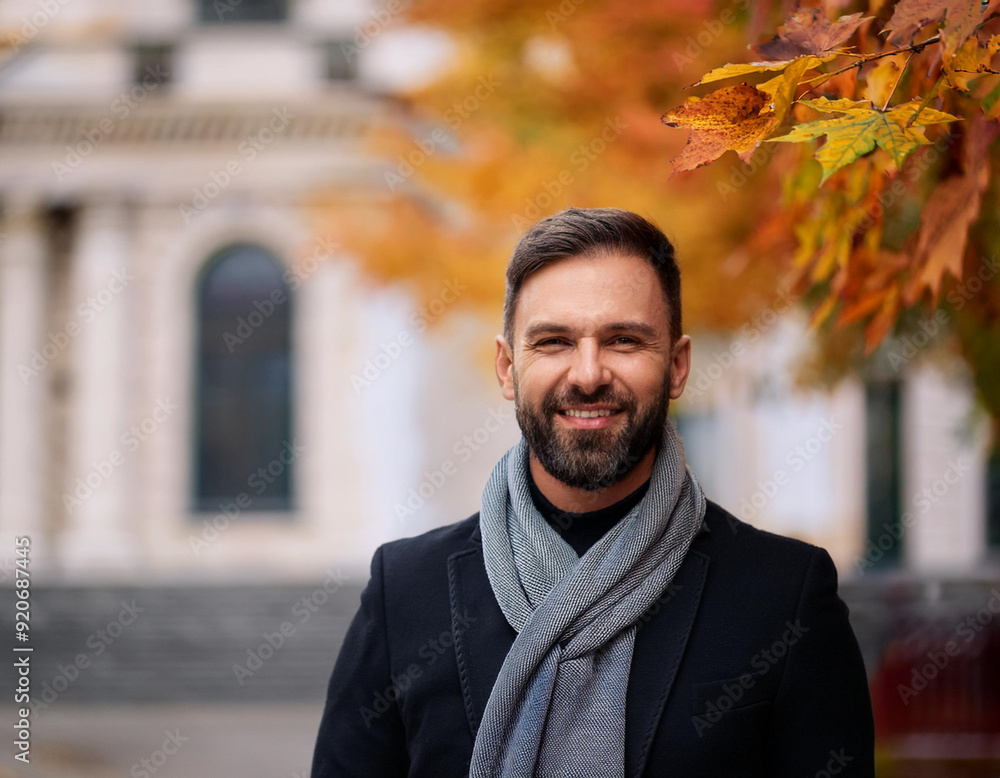 Happy Man Smiling in an Outdoor Autumn Setting Headshot Portrait Happy Man Smiling in an Outdoor Autumn Setting Headshot Portrait