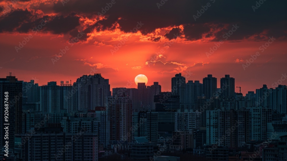 Stunning Sunset Over Urban Skyline With Majestic Clouds and Reflections Stunning Sunset Over Urban Skyline With Majestic Clouds and Reflections