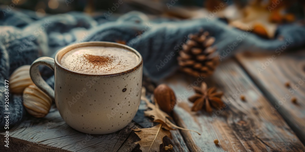 A white mug with coffee and a blanket on a wooden table. The blanket is blue and has pine cones on it A white mug with coffee and a blanket on a wooden table. The blanket is blue and has pine cones on it