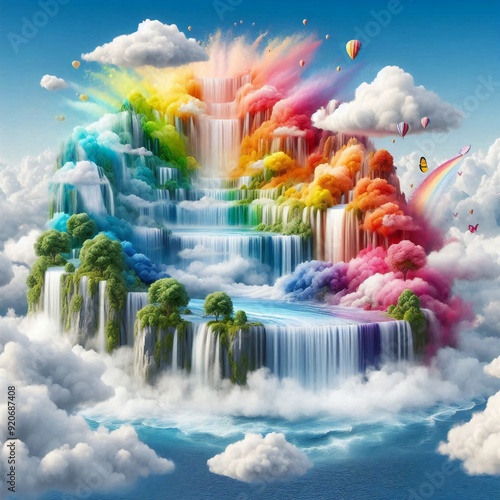 cascading waterfall that flows in all colors of the rainbow, surrounded by clouds and floating islands
A cascading waterfall that flows in all colors of the rainbow, surrounded by clouds and floatin photo