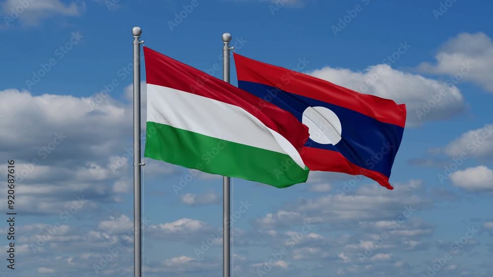 Laos and Hungary flags flying together, video concept of the relationship, two country relations concept Laos and Hungary flags flying together, video concept of the relationship, two country relations concept