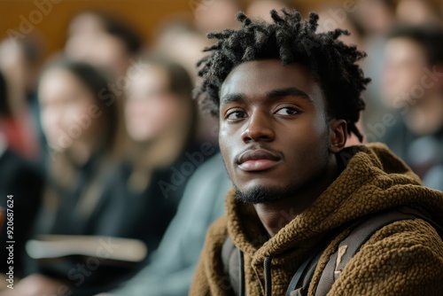 Black male student paying attention during class at university, Generative AI