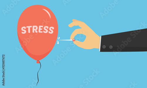 Hand about to pop a red balloon with the word stress on it. Hand pricking red balloon with a needle. Concept of relieving stress or tension. Vector illustration