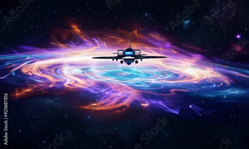 A spaceship is flying through a swirling nebula in space. The nebula is a mixture of orange, purple, and blue colors, creating a breathtaking and surreal scene. The spaceship is sleek and futuris photo