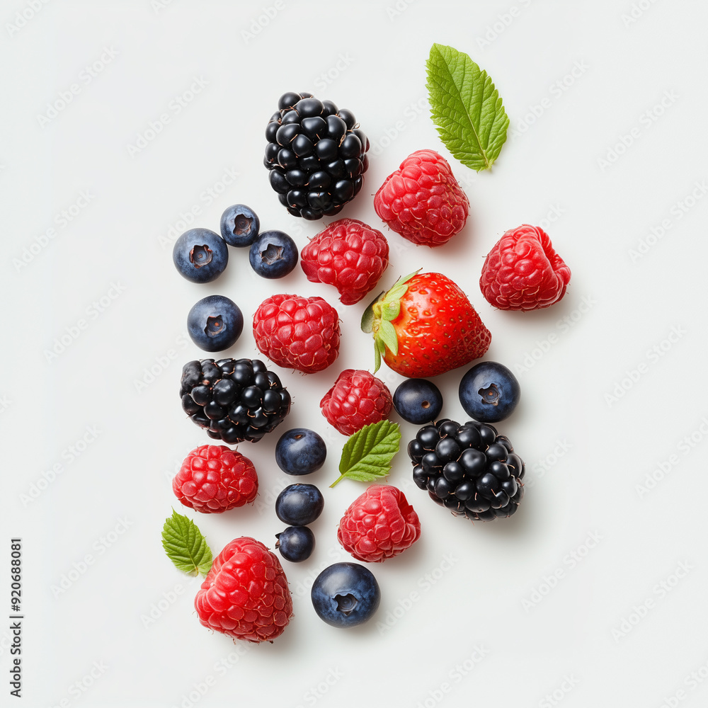A handful of mixed berries, featuring plump strawberries, blueberries, and raspberries, rests on a crisp white background, showcasing their rich colors and natural sweetness...... A handful of mixed berries, featuring plump strawberries, blueberries, and raspberries, rests on a crisp white background, showcasing their rich colors and natural sweetness......