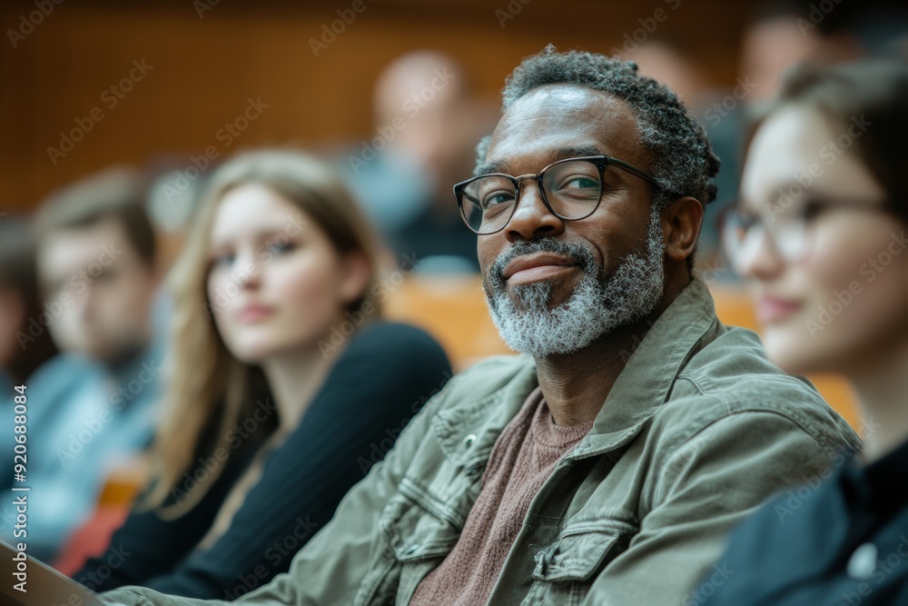Mature students learning with help of African American teacher in lecture hall, Generative AI Mature students learning with help of African American teacher in lecture hall, Generative AI